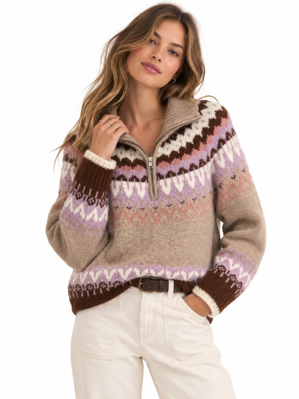 Heartloom Gabriel Fair Isle Quarter Zip Sweater Oatmeal Fuzzy Knit Large
